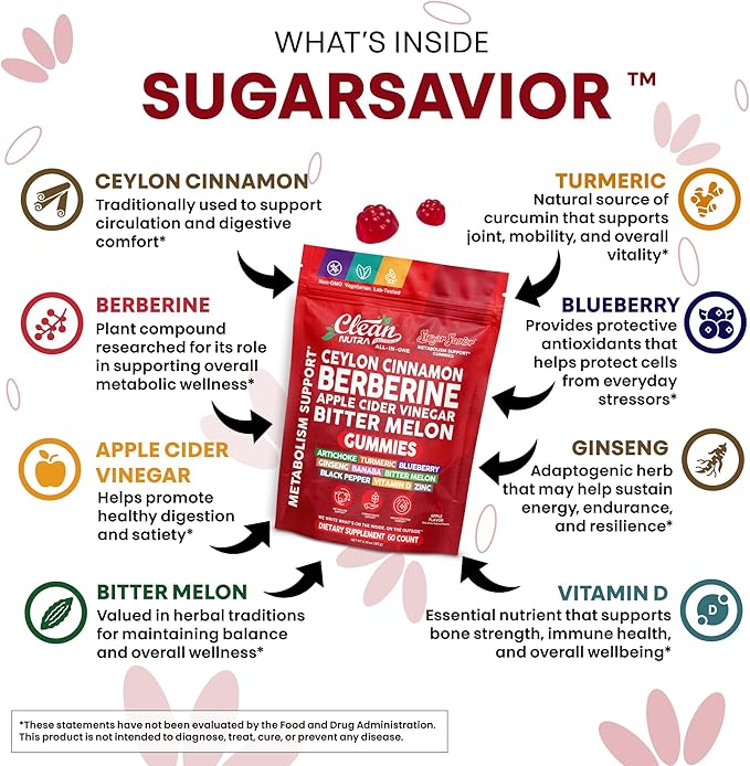 Sugar Savior Ceylon Cinnamon Berberine Gummies Apple Cider Vinegar Artichoke Turmeric Blueberry Ginseng Banaba Bitter Melon Black Pepper Vitamin D Zinc GLP1 Gummies 60 Count by Clean Nutra
