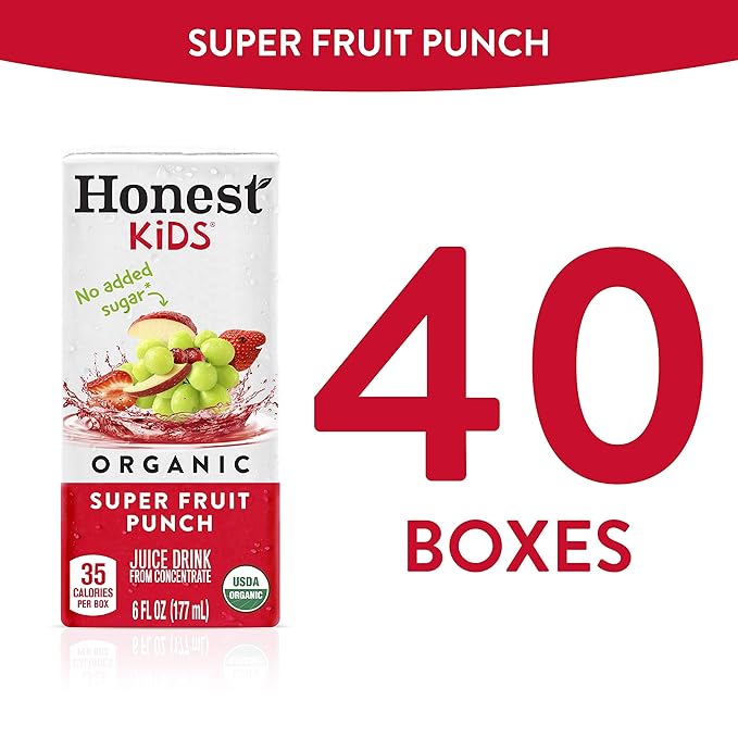 Honest Kids Super Fruit Punch Organic Juice Drink 6 Fl oz Juice Boxes 6 Fl Oz (Pack of 40)