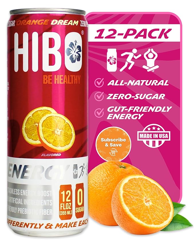 HIBO Healthy Energy Drinks Sugar Free – Gluten-Free &amp Gut-Friendly Prebiotic Fiber w/ 140mg Caffeine &amp 60mg Green Coffee Extract Electrolytes – Supports Immunity &amp Focus - Pack of 12 Ora