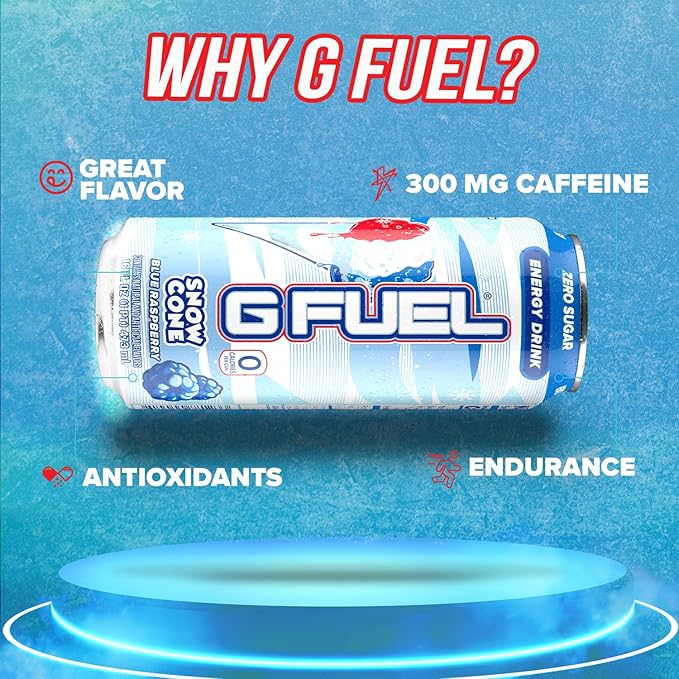 G Fuel Energy Drink Snow Cone Sugar Free Beverage with 300mg Caffeine Daily Energy Boost with Focus Amino Vitamin + Antioxidants 16 oz Cans (Snow Cone 12-Pack)
