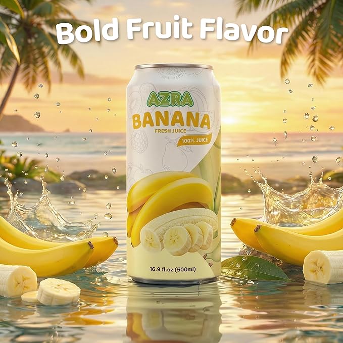 AZRA 100% Banana Juice 500 ml Can (Pack of 12) – Real Fruit Beverages with No Sugar Added – Healthy Drinks and Fresh Juice – Natural 100 Percent Fruit Drink – 16.9 fl oz Cans