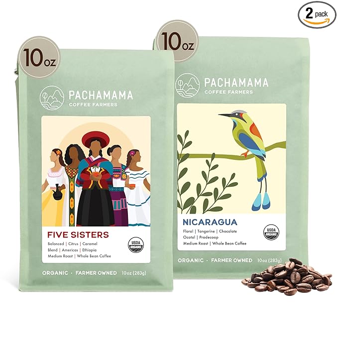 Pachamama Organic Coffee - Medium Roast Whole Bean Coffee Bundle - 2x10 oz bags - Five Sisters + Nicaragua - Farmer Owned &amp Regenerative