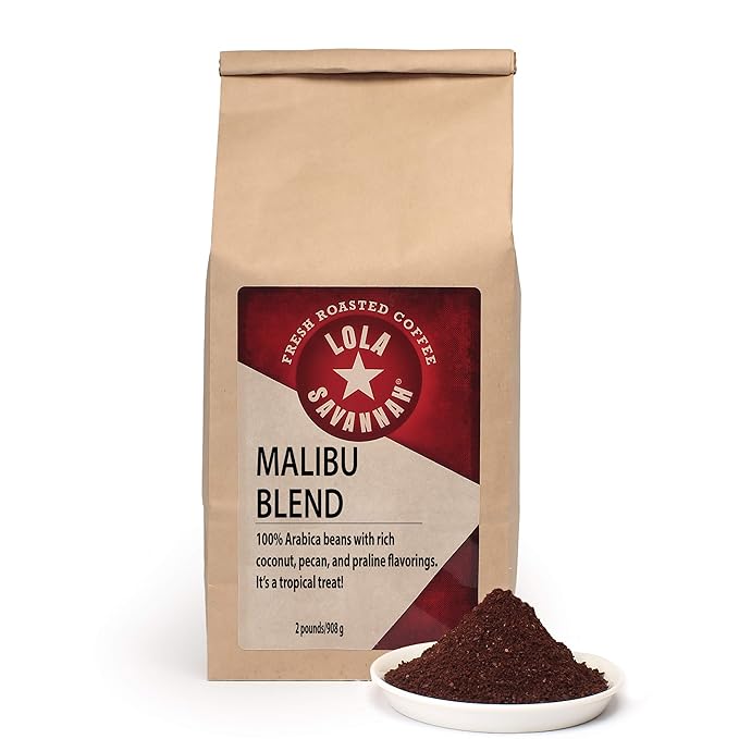 Lola Savannah Malibu Blend Ground Coffee - Arabica Beans Uniquely Rich Flavors of Real Coconut Pecan &amp Praline | Caffeinated | 2lb Bag