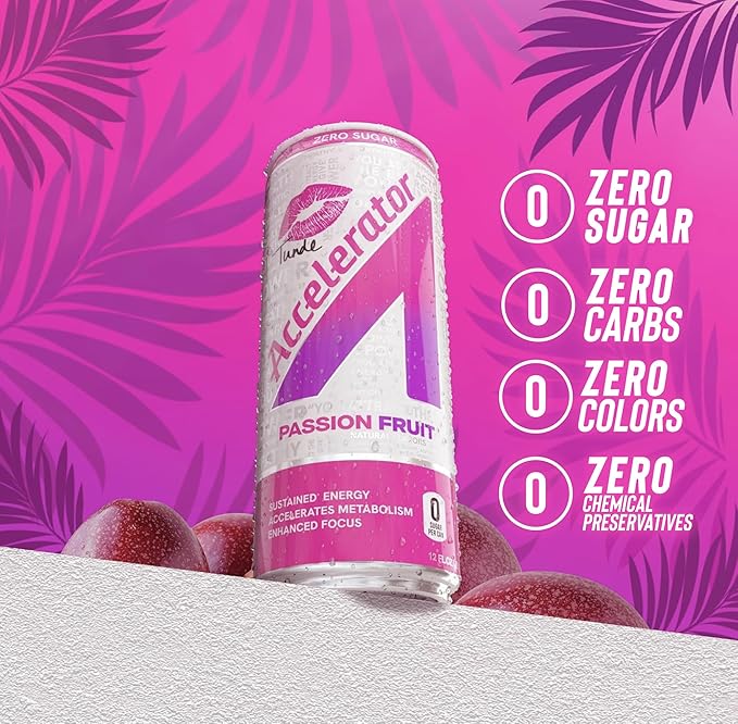 Accelerator Energy Drink Passion Fruit 12oz can (12 pack) Zero Sugar Sustained Energy from 100% Natural Caffeine (200mg from Green Coffee Bean &amp Green Tea extract)