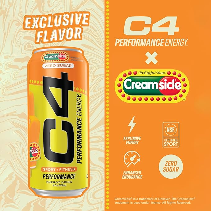 Cellucor C4 Performance Energy Drink | Zero Sugar Carbonated Preworkout Energy 200mg Caffeine with Beta Alanine Orange Creamsicle 16 FL Oz (Pack of 24)