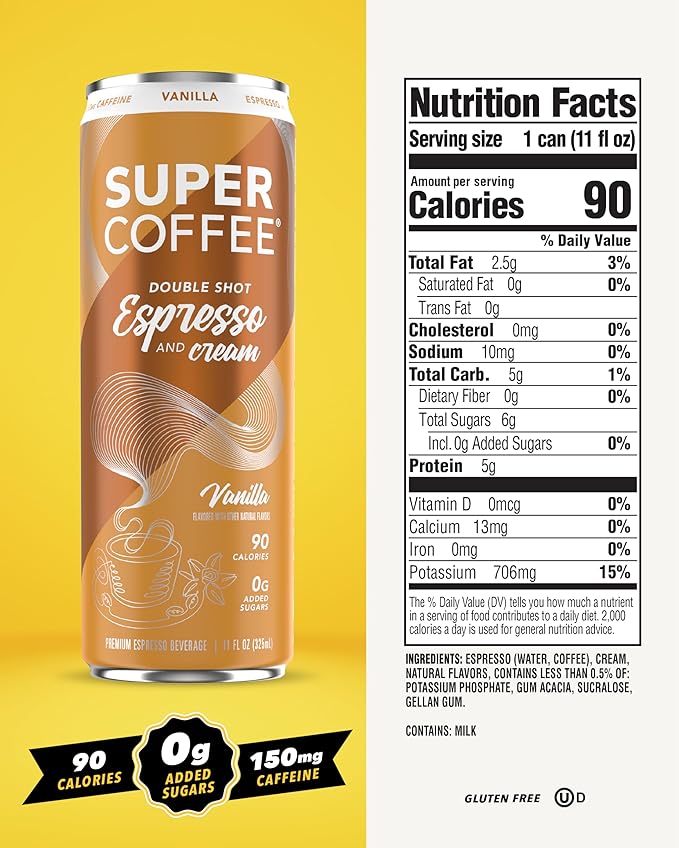 SUPER COFFEE Espresso Iced Keto Coffee (0g Added Sugar 90 Calories) [Vanilla] 11 Fl Oz 12 Pack | Smart Coffee Drink - SoyFree GlutenFree