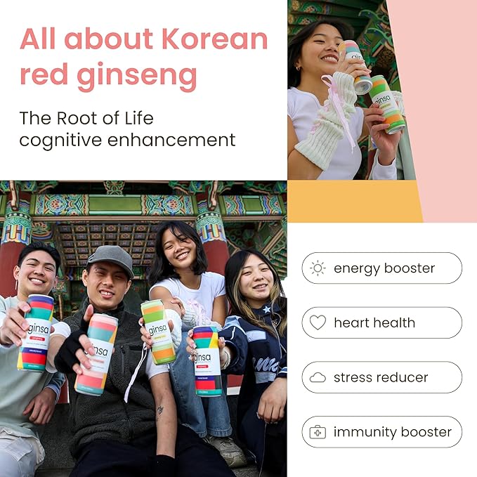 ginsa Sparkling Ginseng Energy Drink with Korean Red Ginseng | Natural Energy Booster | Non-GMO Supports Focus &amp Clarity with Pure Ginseng Root No Caffeine | 12 Pack | 12oz | Korean Pear Flavor