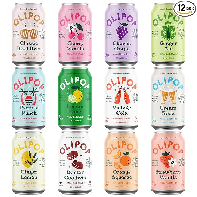 OLIPOP - Taste Test Pack 12-Flavor Soda Variety Pack Healthy Soda Prebiotic Soft Drinks Supports Digestive Health &amp Gut Health High Fiber Low Calorie Low Sugar (12 oz 12-Pack)