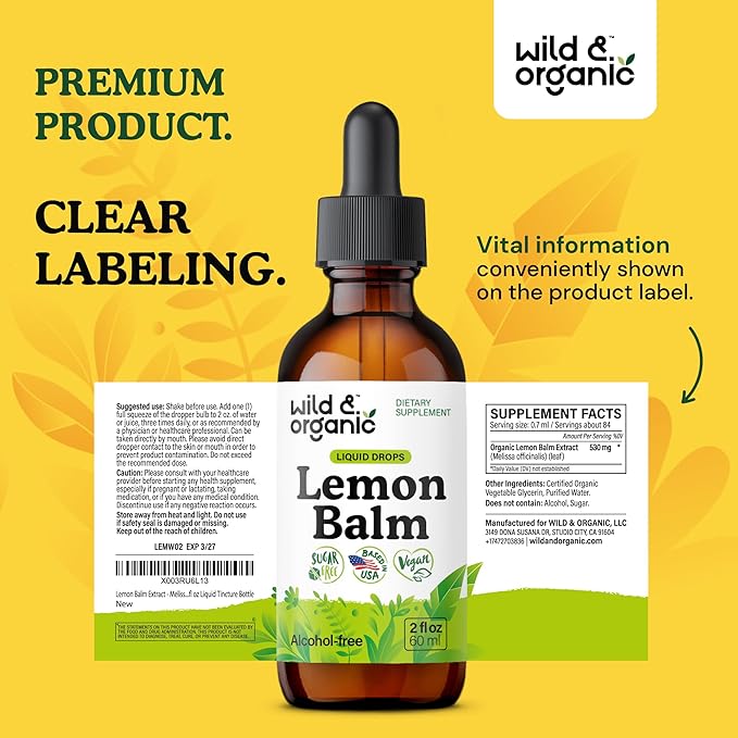 Wild &amp Organic Lemon Balm Drops - Relaxing Lemon Balm Leaf Extract Supplement - Calming Melissa Officinalis Tincture - Vegan Sugar &amp Alcohol-Free - 2 fl oz