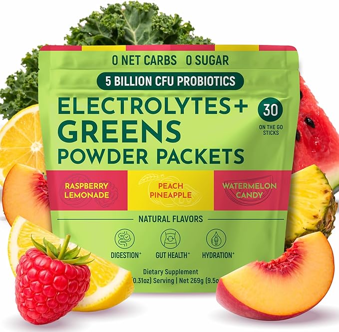 Keto Vitals Keto Electrolytes Plus Greens Superfood Powder Packets - 30 Servings Super Greens Powder Packets with Sugar Free Electrolytes for Hydration Gut Health &amp Digestion - Green Drink Mix