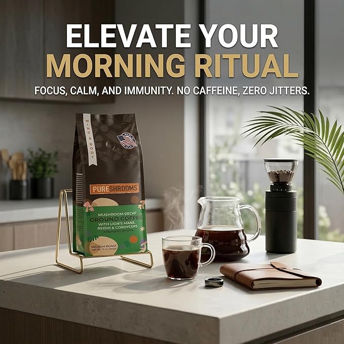 PureShrooms Decaf Mushroom Coffee | Single Origin Swiss Water Ground Infused with Organic Lion’s Mane Reishi &amp Cordyceps + L‑Theanine – Guatemala 12 oz Bag