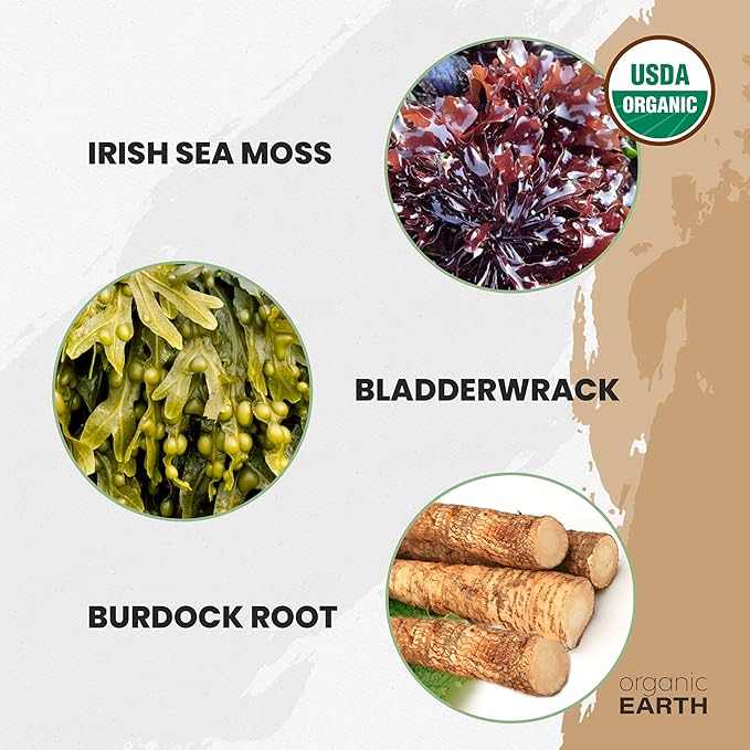 Organic Earth Irish Sea Moss Powder 8oz - Wildcrafted Sea Moss Organic with Bladderwrack &amp Burdock Root Powder - Thyroid Digestion Support &amp Healthy Skin - USDA Certified Organic