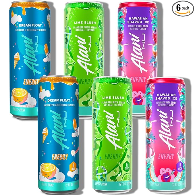 New Alani Energy Drinks Lime Slush Dream Float Hawaian Shaved Ice Variety Pack Sugar-Free Low-Calorie 200mg Caffeine Energy Boost Drink 12 fl oz (Pack of 6)