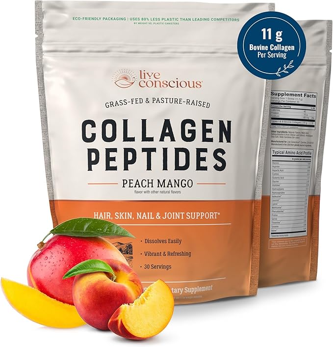Live Conscious Beyond Greens &amp Collagen Peptides Peach Mango| Mushroom Coffee Alternative Low Caffeine + Hair Skin Nail and Joint Support