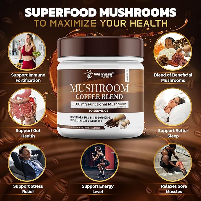 Mushroom Coffee 90 Servings Organic Mushrooms Instant Coffea Great Tasting Colombian Keto Coffee 7 Superfood Mishrooms Lions Mane Chaga Reishi Cordyceps Maitake Shiitake and Turkey Tail