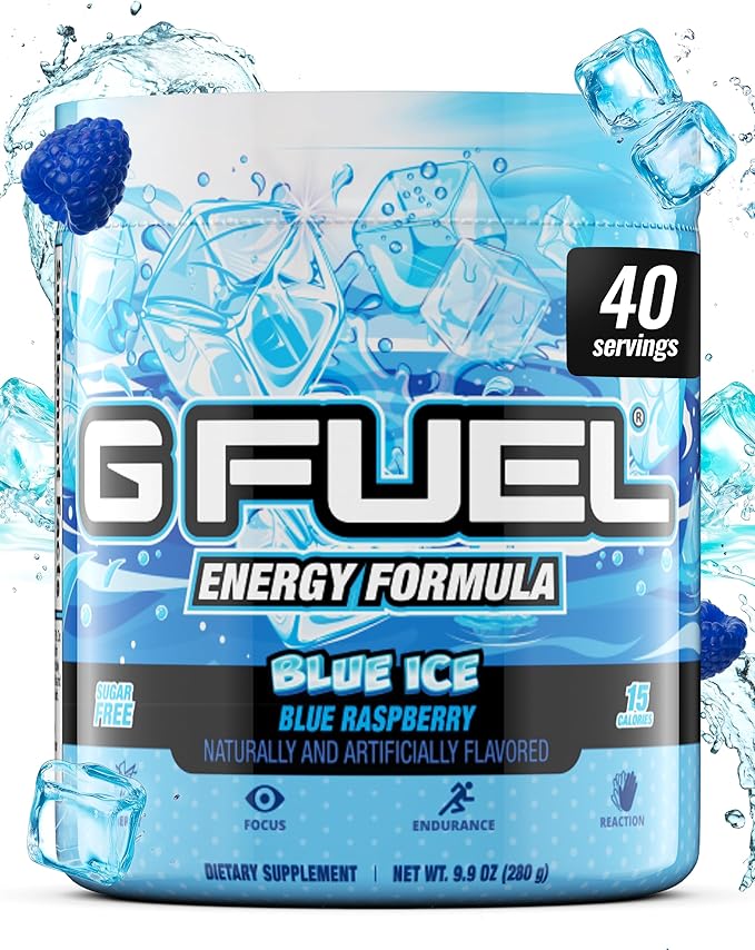 G Fuel Blue Ice Energy Drink Powder Pre Workout Caffeine Mix for Gaming Sugar Free Focus Amino Vitamin + Antioxidants 9.9oz (Blue Raspberry 40 Servings)