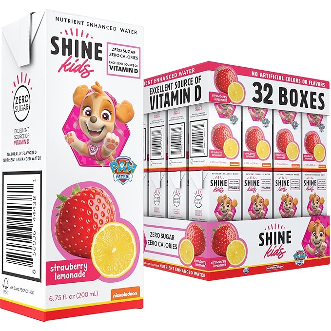 Shine Water x Paw Patrol Strawberry Lemonade Kids Juice Boxes with Vitamin D 32-Pack | No Added Sugar | Naturally Flavored Drinks for Kids | Vegan Gluten Free Zero Calorie Hydration