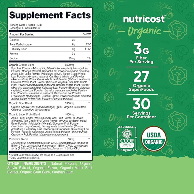 Nutricost Organic Super Greens Powder (30 Servings) - Superfood Supplement Drink Mix (30 Servings No Flavor Added)