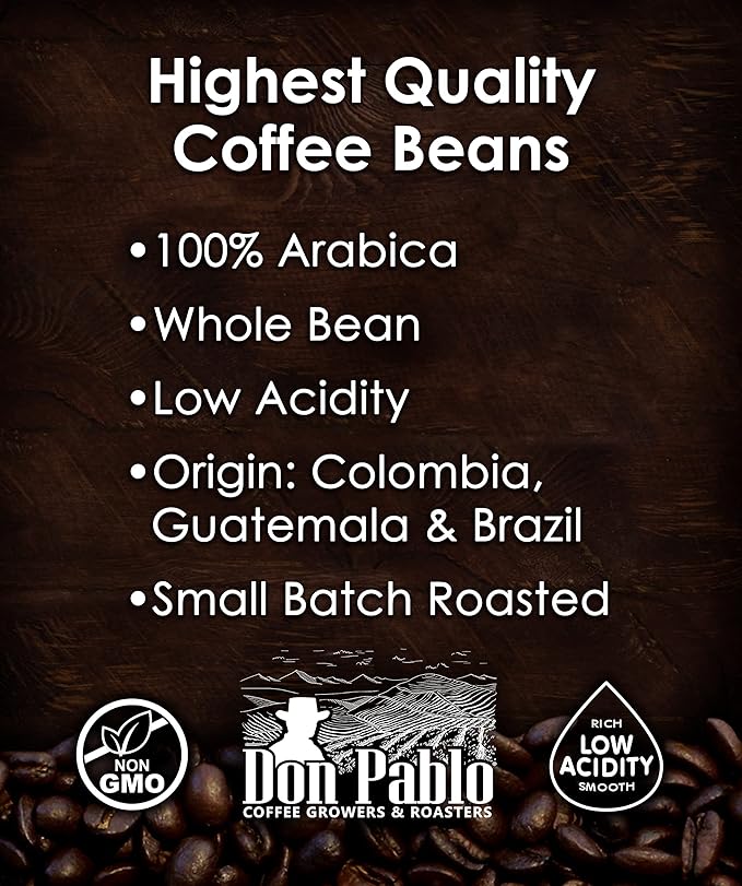 Don Pablo Gourmet Coffee - Café Cubano - Dark Roast - Whole Bean Coffee - 100% Arabica Beans - Low Acidity and Non-GMO - 2lb bag