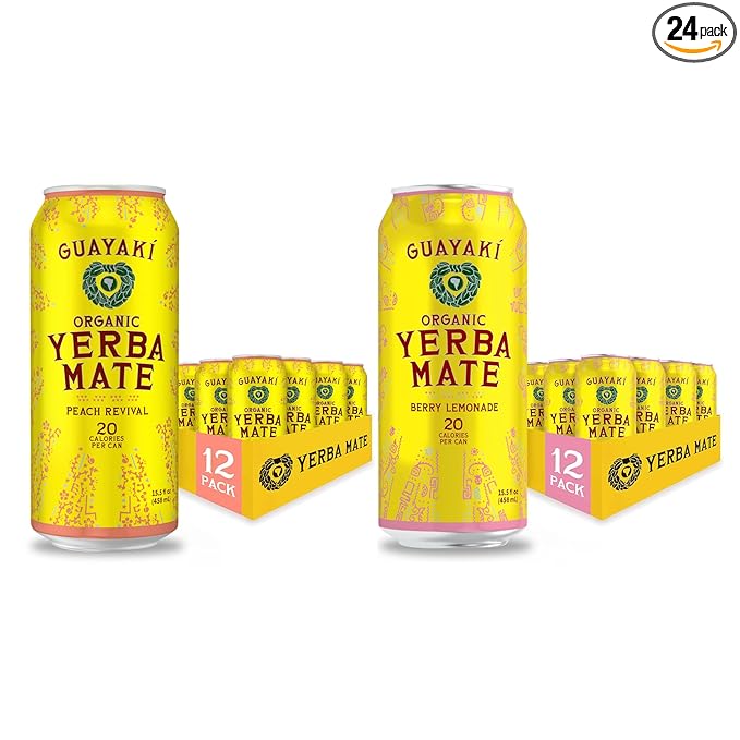 Yerba Madre Organic Yerba Mate Clean Energy Drink Alternative Bundle Peach Revival &amp Berry Lemonade Flavors 15.5 Oz (Pack of 24) 150mg Natural Caffeine Smooth Energy &amp Focus