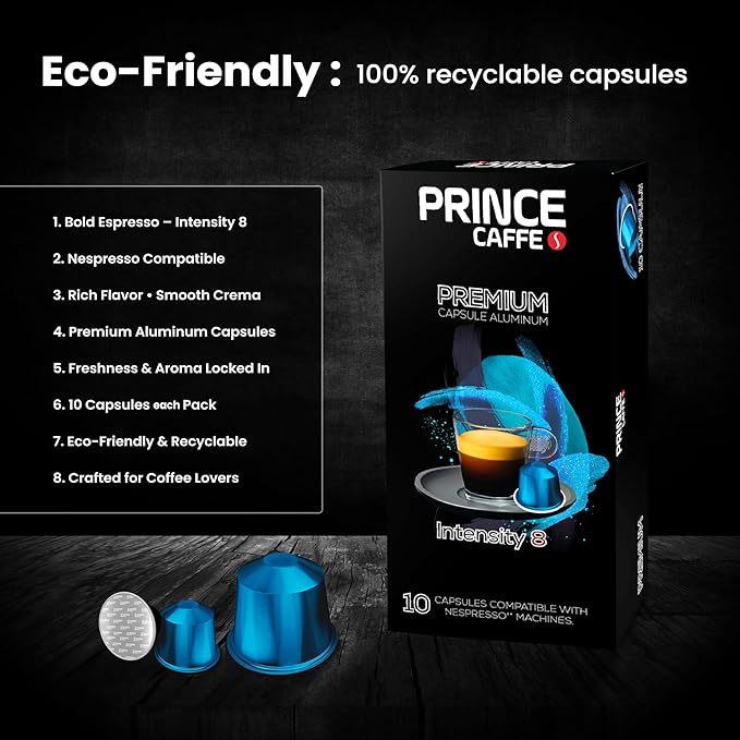 Prince Caffe Espresso Pods – Premium Intensity 8 Medium-Dark Roast The Espresso Coffee Pods Are Compatible with Nespresso Original Line Machines 30 Count (3 x 10 Capsules) Premium Quality Coffee Ca