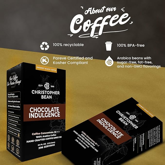 Christopher Bean Coffee - 396 servings 30 to 1 Blend Bag in Box Liquid Instant Coffee or Cold Brew Coffee Concentrate - Hot or Iced Coffee - Chocolate Indulgence