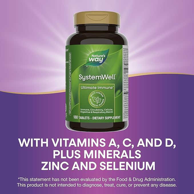 Nature's Way Systemwell Ultimate Immune* with Vitamins C A D Zinc &amp Selenium Multi-System Botanical Blends Including Immune Respiratory Digestive &amp Circulatory 180 Tablets (Packaging M