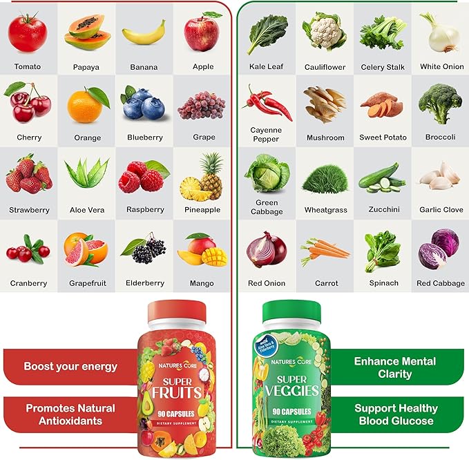 Nature's Core Fruit and Veggie Supplement - 360 Capsules -100% Whole Super Fruit and Super Vegetable Supplements &amp Vitamin Made in USA Soy Free Vegan- 90 Count (Pack of 4)