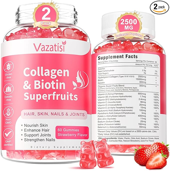 2 Pack Sugar Free Collagen Gummies for Women Men Multi Collagen Peptides Gummies Type I II III V X with Biotin Vitamin A B C D E for Hair Skin Nails Strawberry Flavor 120 Count