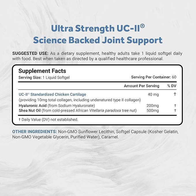 Naturalis UC-II 40 mg with Hyaluronic Acid and Shea Nut Oil | Enhanced Undenatured Type II Collagen for Better Joint Health Mobility &amp Flexibility | Gluten-Free &amp Non-GMO | 60 Softgels