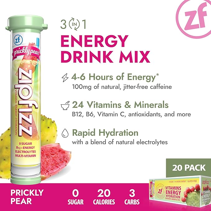 Zipfizz Daily Energy Drink Powder Prickly Pear 20 Pack | 3-in-1 Sustained Energy Rapid Hydration and Essential Vitamins | Sugar-Free | Electrolyte Powder | Contains Vitamin B-12 &amp Antioxidants