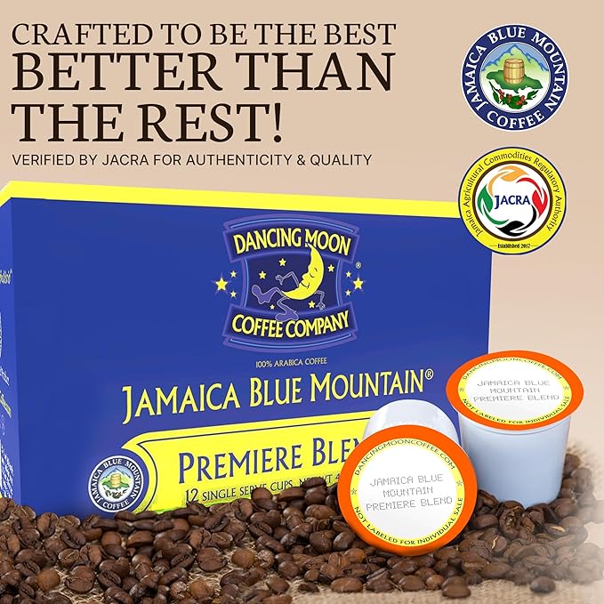 Dancing Moon Coffee Pods - Premiere Blend Jamaica Blue Mountain Coffee Beans Medium Roast Compatible with Keurig KCup Brewers Small-Batch Crafted