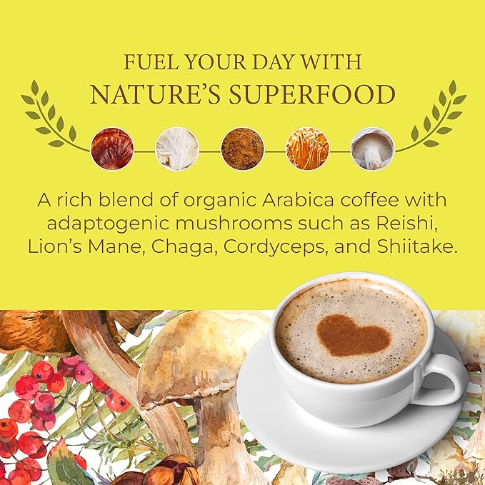 Sporganix Organic Mushroom Coffee – Instant Arabica with 5 Functional Mushrooms (Lion’s Mane Reishi Chaga Cordyceps Shiitake) – Unsweetened Medium Roast 30 Servings for Focus &amp Energy