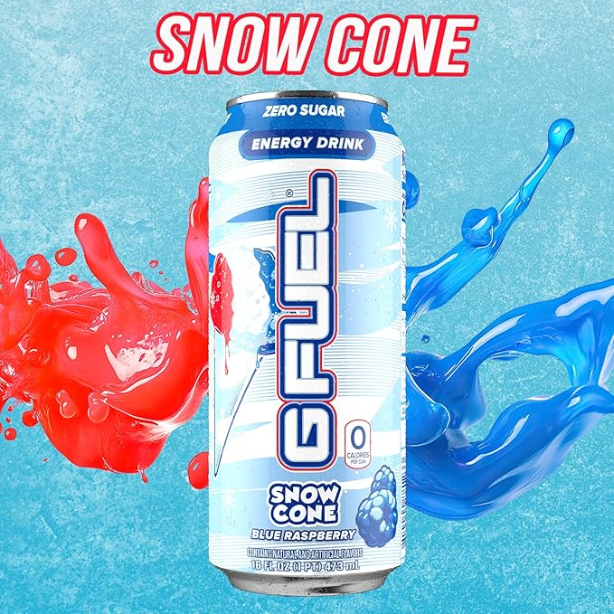 G Fuel Energy Drink Snow Cone Sugar Free Beverage with 300mg Caffeine Daily Energy Boost with Focus Amino Vitamin + Antioxidants 16 oz Cans (Snow Cone 12-Pack)
