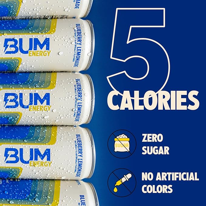 BUM Sugar-Free Energy Drink Blueberry Lemonade - Lightly Carbonated &amp No Artificial Colors Natural Caffeine &amp Citicoline for Energy &amp Focus Brain Boost &amp Workout Sports Beverage - 1