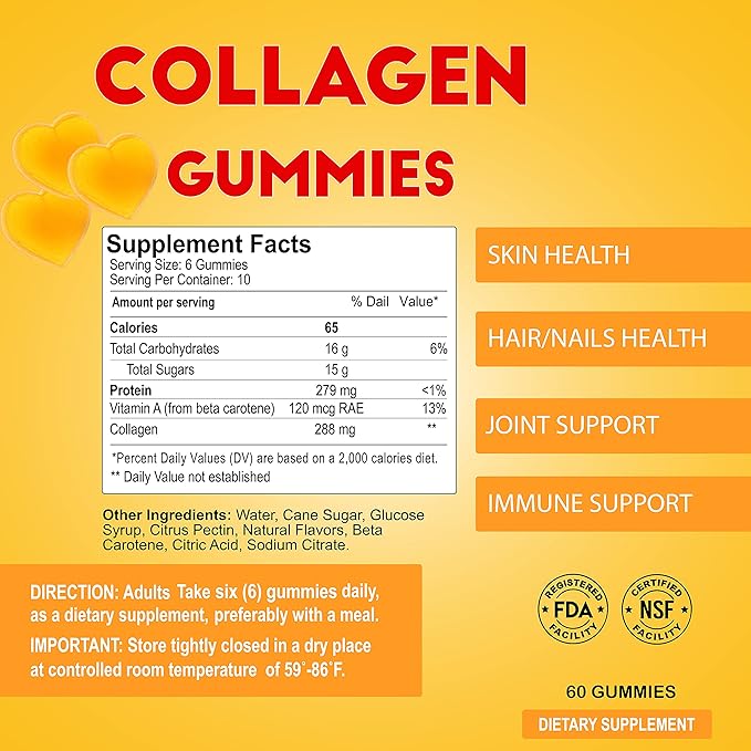 Collagen Gummies with Vitamin A for Skin Health Hair &amp Nails Growth Supplement for Men and Women Non-GMO Gelatin-Free - 60 Gummies