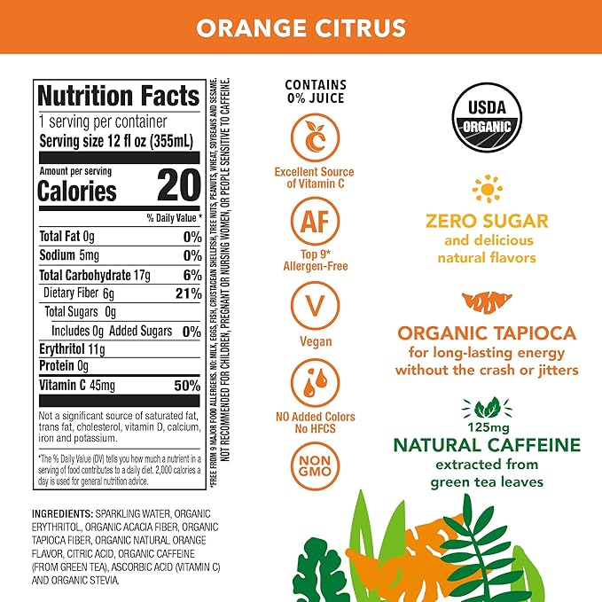 OCA ZERO Orange Citrus Organic energy drink zero sugar gluten-free vegan plant-based 12 Fl Oz (12-pack)
