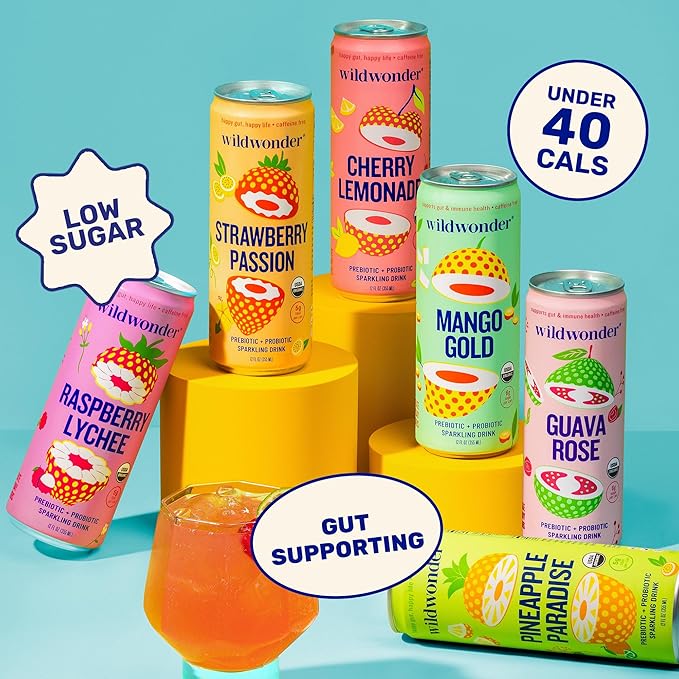 Wildwonder Sparkling Probiotic Drink Pink Pomelo Limeade Gluten Free Vegan Canned Soda with 5g of Prebiotic Fiber for Digestive &amp Immune Support Low Sugar Caffeine Free 12 FL OZ Cans 12 Pa
