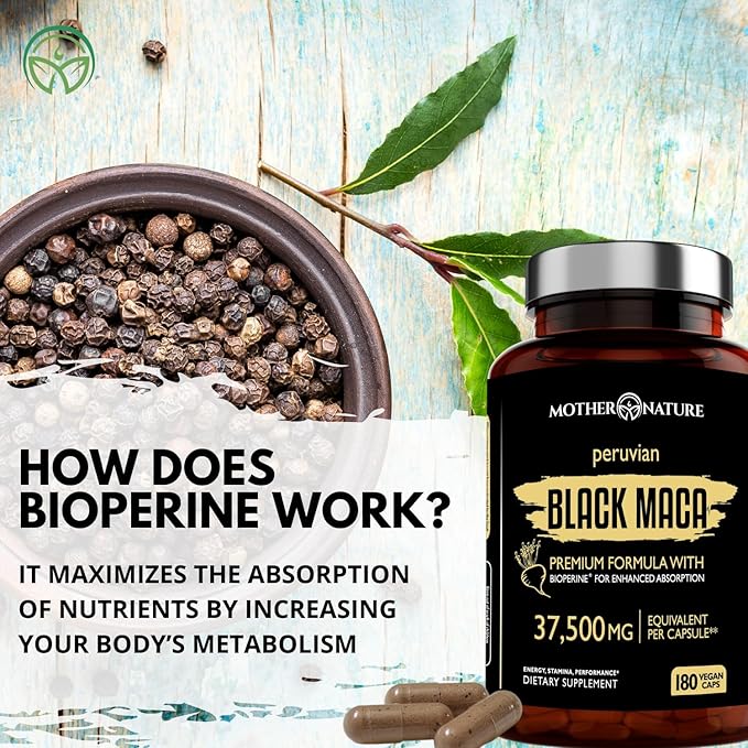 Black Maca Root 50:1 Extract 37500mg – 180 Capsules Organic Peruvian Maca Peruana Supplement for Men | High Potency Energy Mood &amp Performance Support | Vegan Non-GMO