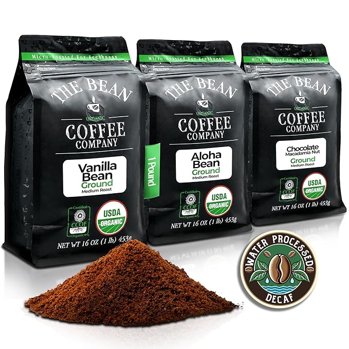 The Bean Organic Coffee Company Water Processed DECAF Aloha Bean (Hawaiian Hazelnut) Chocolate Macademia Nut and Vanilla Bean Medium Roast Ground Coffee 16-Ounce Bag