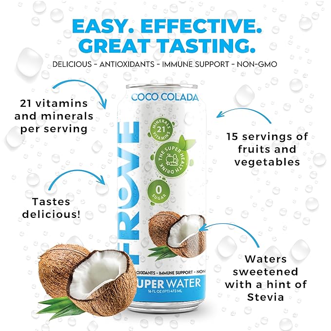 FrUve Super Water | Coco Colada Flavor | 12 16oz Cans | Healthy Drink | Zero Sugar | Low Calorie Drink | Powerful Antioxidants | Boosts Immune System | NON-GMO | The Super Health Drink