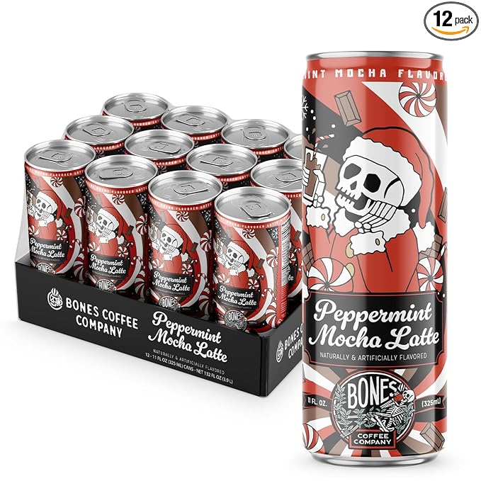 Bones Coffee Company Peppermint Mocha Latte Flavored Coffee Medium Roast Ready To Drink Iced Coffee in Can 11 Fl Oz Can (12 Pack)