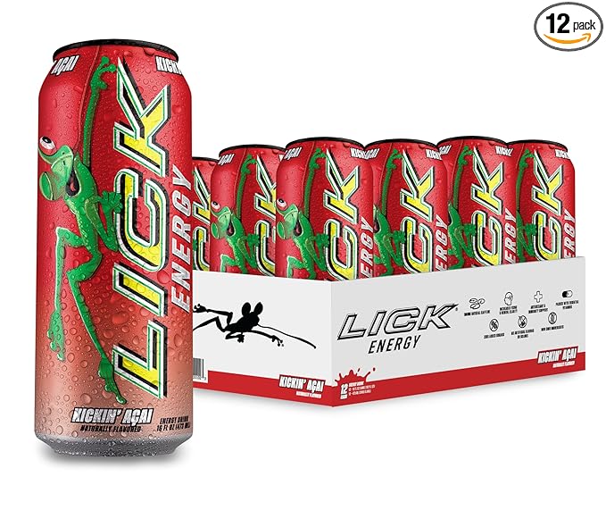 LICK Energy Drink - Zero Sugar No Crash Green Tea Caffeine (180mg) with Antioxidants and Vitamins A B6 B12 and C 16oz (12pk) - Kickin Acai