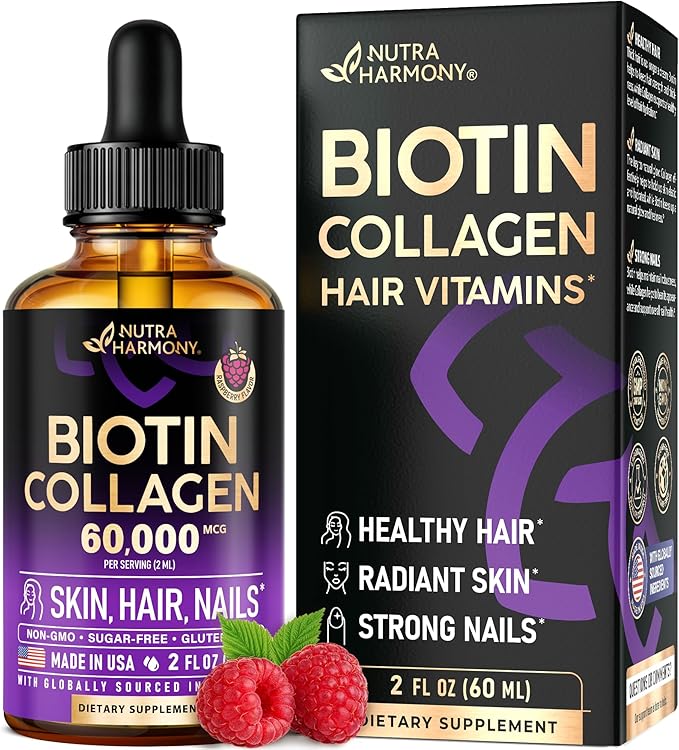 Liquid Biotin &amp Collagen 60000 mcg - Vitamins for Hair Growth Support - Extra Strength Drops for Women &amp Men - Liquid Collagen Supplement - Strong Nails &amp Healthy Skin - Made in USA - 2 F