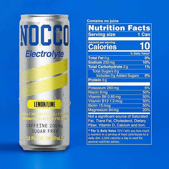 NOCCO Zero Sugar Electrolyte Drink Lemon/Lime - 12 Fl Oz (Pack of 12) - 200mg Caffeine Sugar Free with Electrolytes Carbonated &amp Low Calorie B Vitamins Grab &amp Go Performance Drink