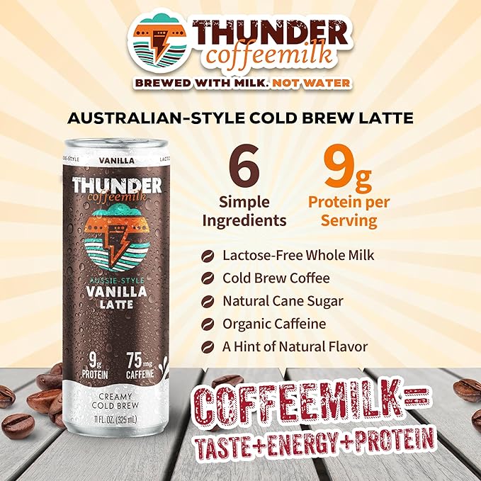 Thunder CoffeeMilk - 11 oz Aussie Style Cold-Brewed Latte Canned Coffee Iced Coffee Cans for Grab &amp Go Natural Protein-Rich 75mg Caffeine Energy Drink in Handy Cold Brew Cans Vanilla 12 Pack
