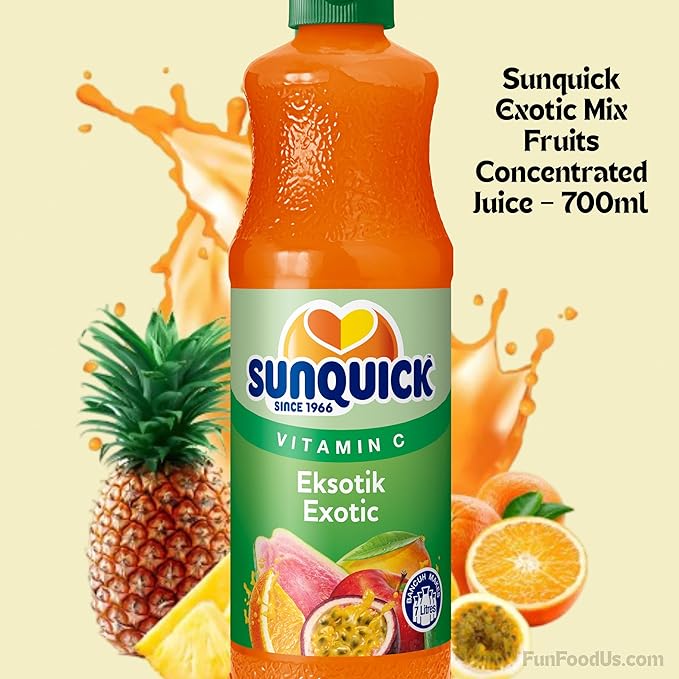 NEW! Sunquick Concentrate Exotic Juice (700 ml Bottle) No Artificial Flavours Colours or Sweeteners Contains Vitamin A &amp C - MADE with Real Fruit - Natural Blend of Exotic Flavourings