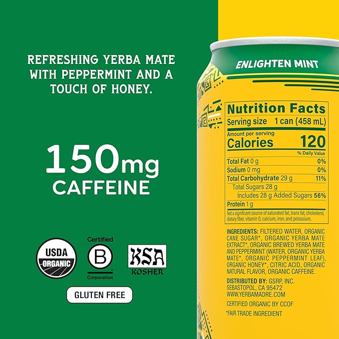 Yerba Madre Organic Yerba Mate Enlighten Mint 150mg Natural Caffeine Energy Drink Alternative No Jitters or Crash 15.5 Oz Cans (Pack of 12)