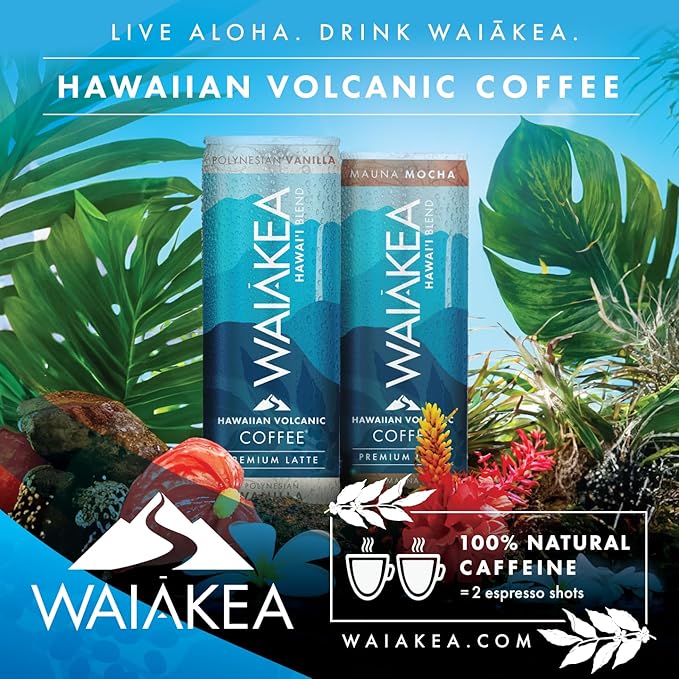 Waiakea Hawaiian Volcanic Coffee | Mauna Mocha Ready to Drink Canned Coffee 11oz | Pack of 12