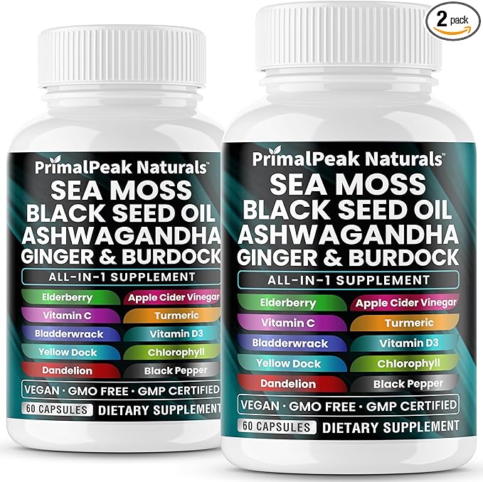 Sea Moss Black Seed Oil Ashwagandha Ginger Burdock Bladderwrack Turmeric &amp Vitamin C Vitamin D3 with ACV Elderberry Chlorophyll Dandelion Yellow Dock Vegan Capsules - 120 Count